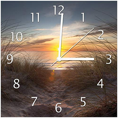 Wallario Design-Wanduhr Sonnenuntergang am Strand aus Glas, Motiv-Uhr Größe 30 x 30 cm, weiße Zeiger