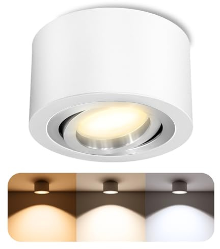 SSC-LUXon LANTI Aufbauspot weiß dimmbar 6W 3 Lichtfarben schwenkbar | Dimmbarer Deckenstrahler weiß mit Silberring für Wohn- & Esszimmer - warm / neutral / tageslicht, schwenkbar, Aufputz 230V