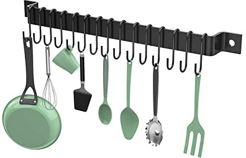 Housolution Kitchen Rail with 15 Hooks, 16 Inch Wall Mounted Hanging Utensil Rack Kitchen Utensil Hanger for Kitchen, 1 Pack, Black