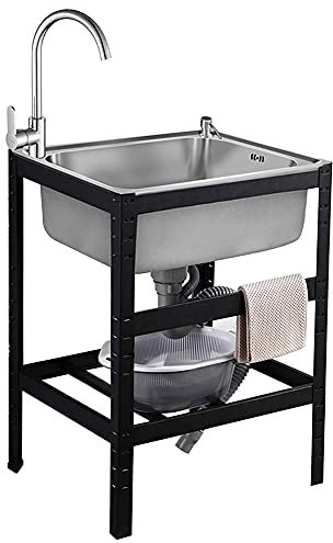 MNSSRN Edelstahl Einfache Waschbecken mit Halterung, Waschbecken, doppeltem Trog, einzelner Trog, abnehmbares öffentliches Waschbecken mit heißem kaltem Wasserhahn,A