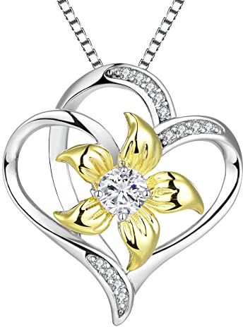 YL Collier Coeur Argent 925 couper Avril Pierres de Naissance Blanc Oxyde de Zirconium Pendentif Amour Fleur de Lys pour Femme, Chaîne 45+3CM