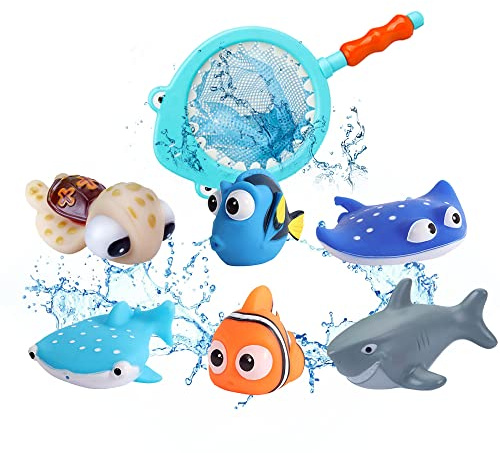 Finding Nemo Toys, 7Pcs Bath Toys for Baby Shower Toddler Cute Floating Sea Animals with Fishing Net Bath Water Squirt Fish Toy Gift for Age 3+ Boy Girl Bathtub Swimming Pool