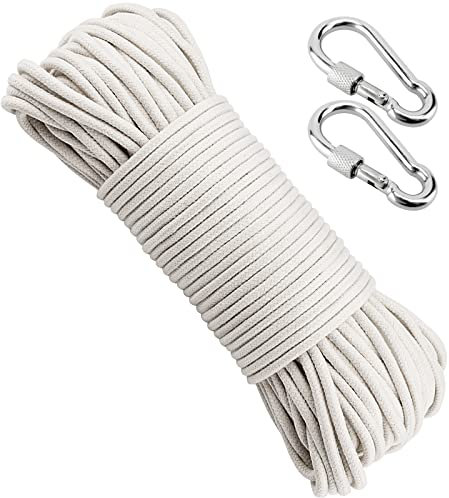 MANCHAP 50M 6mm White Cotton Clothesline Rope, 164 Ft x 1/4 Inch Soft Clothesline Cord with 2 Snap Hooks, Twisted Cotton Macrame Rope for Crafts, Clothes Hanging