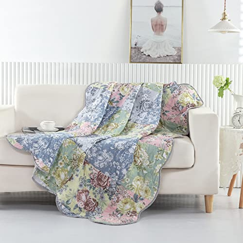 Greenland Home Emma Patchwork Couverture matelassée à imprimé Floral Gris 152,4 x 127 cm