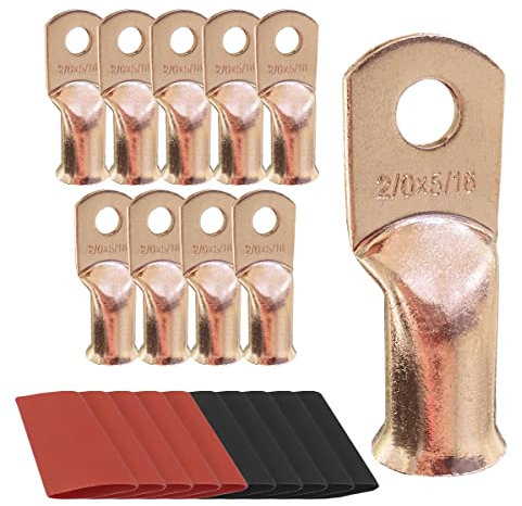 10pcs 2/0 AWG-5/16 Ring Battery Lugs, Copper Lugs, Battery Cable Ends, Tubular Ring Terminals, Crimp Wire Ring Lugs, Battery Terminal Connectors with Heat Shrink Tubing (10, 2/0 Awg - 5/16 (M8) Ring)