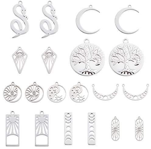 SUNNYCLUE 1 Scatola 20 Pezzi Stile Tarocchi Albero della Vita Charms Fasi Lunari Charm Acciaio Inossidabile Falce di Luna Occhio della Provvidenza Ciondolo Serpente Ouija Ciondoli Rotondi Piatti