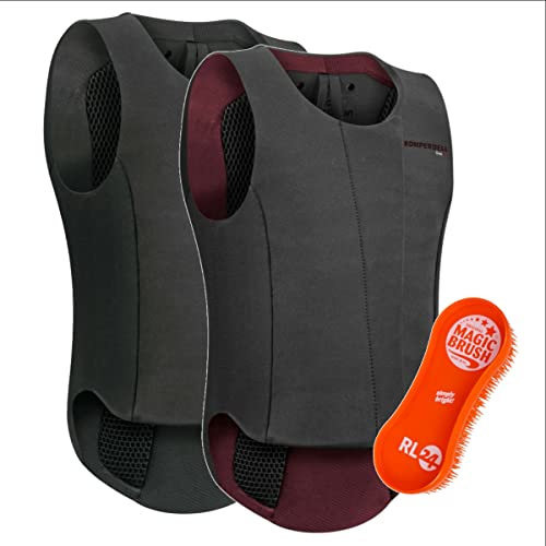 RL24 - Kinder Rückenprotektor Komperdell Ballistic Champion Junior inkl. MagicBrush | leicht & flexibel | Reitschutzweste in schwarz/grau & Pferdebürste Set | Größe 152