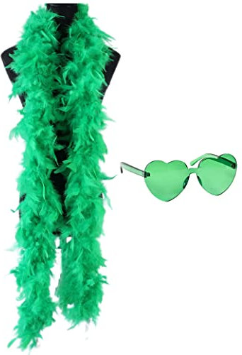 Federboa, 2M Bunte Feder Boas mit randlosen Sonnenbrillen, Federboa Fancy Kleid für tanzende Hochzeitspartys, Feder Boas Zubehör Kostüm Karneval für Tanzende Hochzeitspartys Cosplay Mottoparty (Grün)