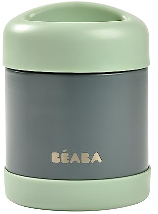 BÉABA - Isolierender Thermobehälter für Mahlzeiten - Für Babys und Kinder - 100% luftdicht - Edelstahl - Hält mehr als 5 Stunden lang kalt/warm - Doppelwandig - 300 ml -Mineralgrau/Salbeigrün