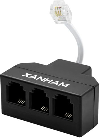 XANHAM RJ11 Cable 3 Way Splitter 6P4C Connector Phone Line Cord Adapter with 3 inch Cable for Landline Telephone Wire, Black, AV01303