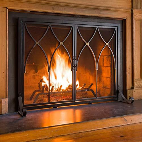 GTPBAO Salvachispas Chimenea Protectores contra Incendios De Panel Plano Individual con Puertas Dobles, Protector De Pantalla De Chimenea Contemporáneo para Horno/Carbón Y Leña, Negro