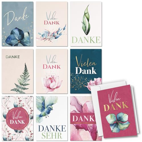 10 Dankeskarten Mix Danke Karte Set - Blumen Natur Modern Aquarell 1 - Klappkarten mit Briefumschlägen Dankeschön Danke sagen