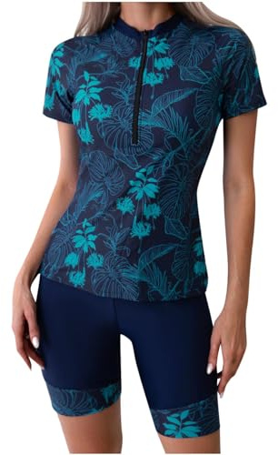 Women's Rash Guard Sets Two Pieces Athletic Swimming Costume Zipper Short Sleeve Tummy Control Swimsuits Floal Print Swim Shirt with Shorts Boyleg Modest Swimwear Sports Surfing Bathing Suits UK Sale
