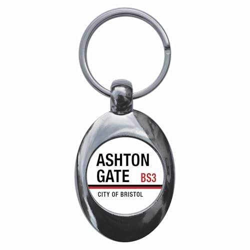 Ozorath Ashton Gate City Of Bristol Bs3 Road Sign Keyring with Trolley Coin | Keychain, Split Ring Attachment, Integrated Shopping Cart Token, Metal Key Fob, Gift Idea, Present, Novelty, Car, House, Flat