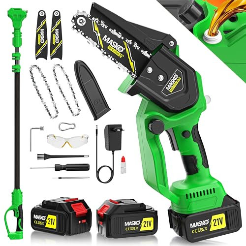 MASKO® Mini-Kettensäge mit Akku 8000mAh | Handkettensäge 6 Zoll Elektro mit 2 Akku 4000mAh für Gartenscheren Astschere Holzschneidenz | Motorsäge 800W automatisches Ölsystem | Inkl. Verlängerung Grün