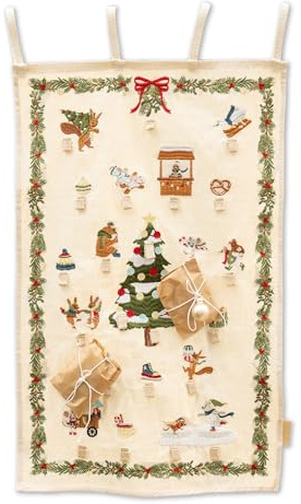 Papierdrachen Calendario de Adviento 2025 – Calendario de pared bordado de animales de invierno en beige – 24 trabillas para rellenar y colgar – de alta calidad y reutilizable