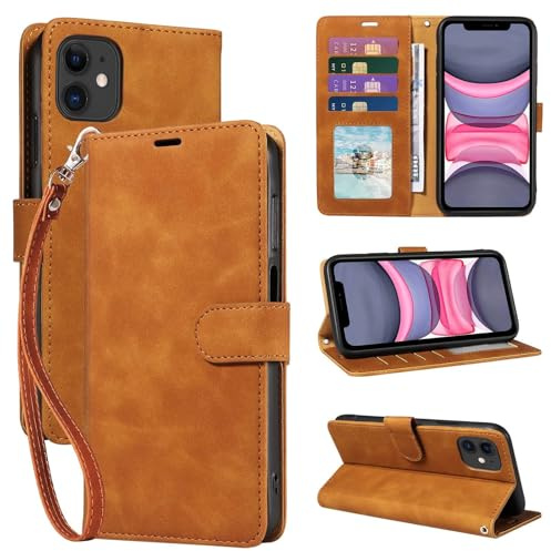 GOTOURED Étui de téléphone en cuir souple, 4 emplacements pour cartes, blocage RFID, protection antichoc et dragonne, pour iPhone 11 (marron)