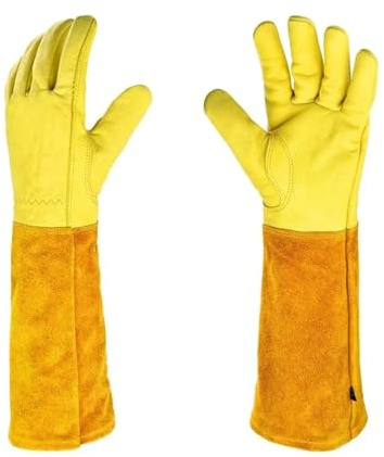 CAARLA Welding Gloves 1 Pair Heavy Gardening Rose Pruning Gauntlet Gloves Thorn Proof Long Sleeve Work Welding Garden Gloves(Yellow-Orange,X-Large)