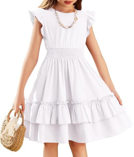 Arshiner Niñas Vestido Mangas Voladoras Verano Niños Algodón Vestido Ocio A-Line Elegante Swing Vestidos de Fiesta para Niñas 9-10 Años Blanco