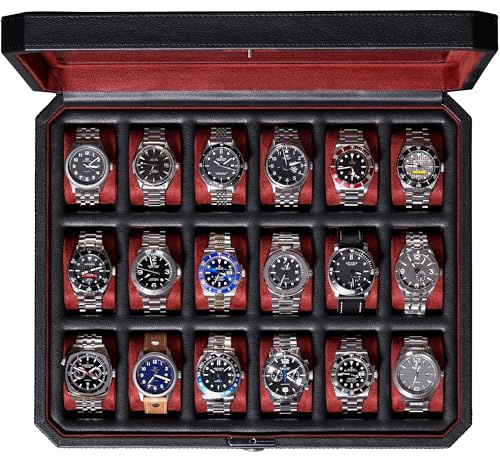 ROTHWELL 18-Slot Watch Case – Luxury Watch Box for Men, Real Glass Top, Lockable, Elegant Display for Collections (Black/Red)