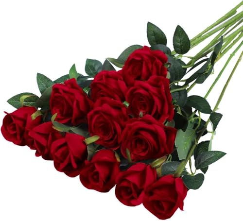 VIDSTW 12 Rose Artificielle 52 Cm Bouquet Fleur Artificielle Fleurs Artificielles avec Feuilles Vertes Fleurs Artificielles Deco Réaliste pour Décoration de Maison Mariage Fête Jardin (Bordeaux)