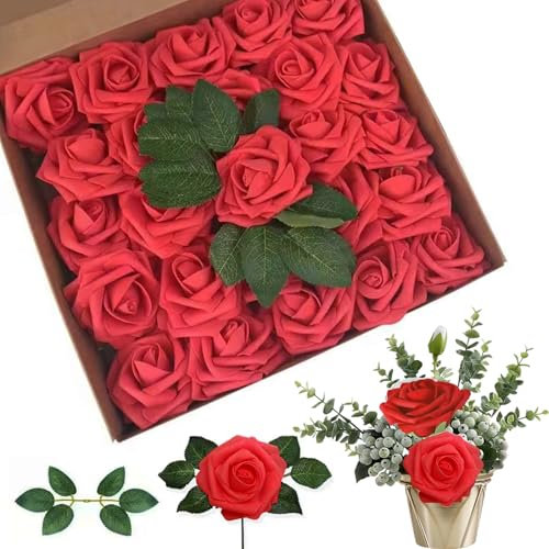 YqsIbth Artificial Flowers, 25 PCS Real Touch Foam Roses, Dark Red, 8 x 23 cm, Plant, Standard Rose, Realistic, Artificial Rose, Artificial Flowers, Wedding, Bridal, Centerpieces, Party Decorations