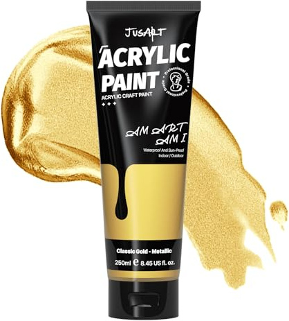 JusArt Acrylfarbe Gold 250 ml,Ungiftige Bastelfarbe mit hoher Deckkraft – Für Leinwand,Holz,Stoff,Ton,Stein & Keramik,Künstlerbedarf für Erwachsene & Kinder