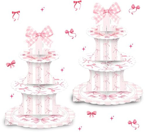 XIXIMENG Confezione da 2 supporti per cupcake in cartone rosa a 3 livelli con bordo in pizzo, per torte, frutta, caramelle, biscotti, buffet, per bambini e ragazze, a tema rosa, per feste a tema baby
