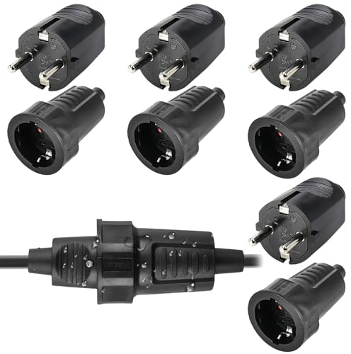 4 paia di connettori Schuko: 250 V, 16 A, IP54, spina con contatto di protezione, spina Schuko esterna, impermeabile, adatto per esterni, spina in gomma a 2 poli, set con protezione antipiega, nero