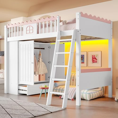 PUGSDRLY Lit Mezzanine 1 Place avec Armoire et Tiroir,Lit Mezzanine Fille 90x200cm avec éclairage LED,Cadre en Bois de Pin,Enfant,Certifié EN747,Blanc (Blanc-A)