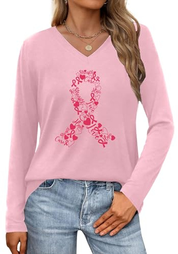 hohololo Tee Shirt Octobre Rose Femme T - Shirt à Manches Longues avec Cœur Rose Ruban et Campagne Cancer du Sein
