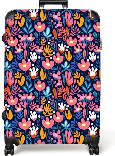NoBoringSuitcases© Koffer Groß Reisekoffer 4 Rollen Leicht Kindertrolley | 77x51.5x28 cm - XXL Reise Hartschalenkoffer Suitcase Large Blumen - Pflanzen - Pink