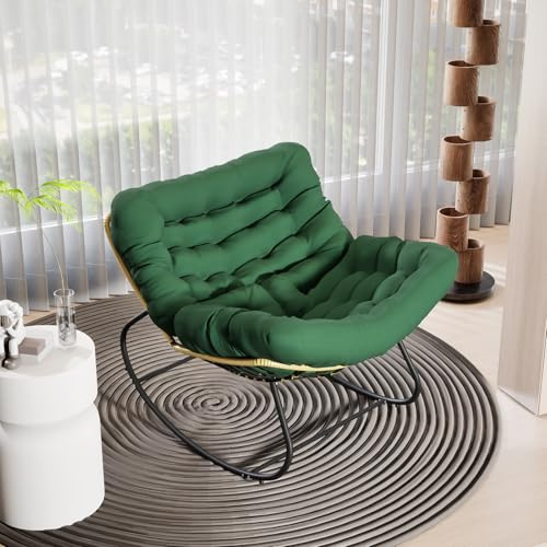 AuraFurn Schaukelstuhl, Ergonomischer Schaukelsessel Extra groß, Rattan-Schaukelstuhl, Relaxstuhl mit Extra Dickem Sitzkissen, Ideal für Balkon, Garten & Wohnzimmer, Belastbarkeit Bis 140kg (Grün)