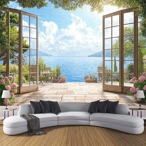 Papel Pintado Pared Panorámico Cielo Azul Océano 400x280cm, Vista Realista Del Exterior Por La Ventana Murales Decoración De Pared, Fotomurales Seda Para Salón Dormitorio, Azul