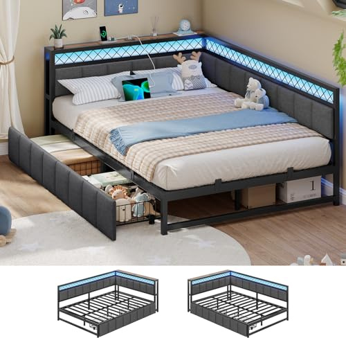 AOGLLATI Polsterbett Schlafsofa 140x200 mit USB-Steckdosen und LED-Beleuchtung Jugendbett 140x200 mit 2 Schubladen,Tagesbett Gästebett Bettgestell mit Lattenrost,Ohne Matratze(Grau,140x200cm)