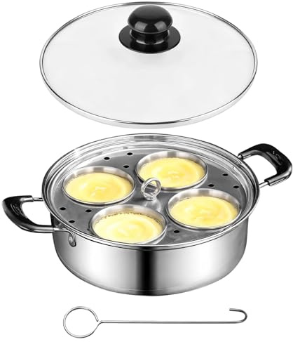 8Inch Stainless Steel Egg Poacher Pan, 4 Egg Poaching Cups with Tempered Glass Lid for Visible Cooking, Healthy Long-lasting for All Stovetops