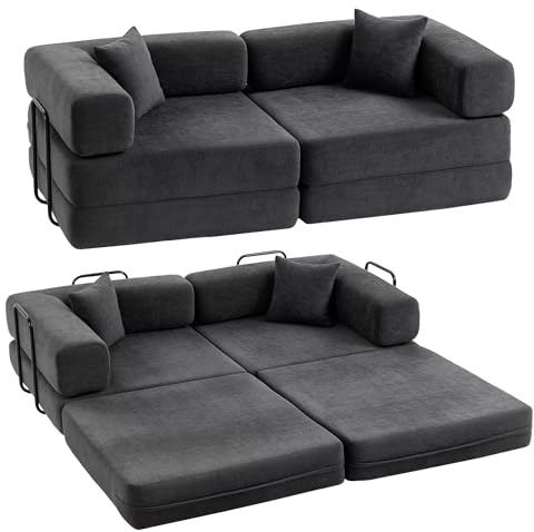 HOMCOM Sofá Cama de 2 Plazas Plegable, Sofá Cama, Tapizado en Chenilla, con 2 Almohadas, Reposabrazos Anchos, Acolchado Grueso, No Requiere Montaje, para Dormitorio, Salón, Gris Oscuro