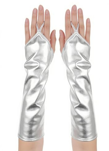 KIMHOME 1 Stück glänzende silbermetallic Fingerlose Handschuhe, Damen Lackleder Abendhandschuhe für Alien-Kostüm Cosplay Halloween & Party