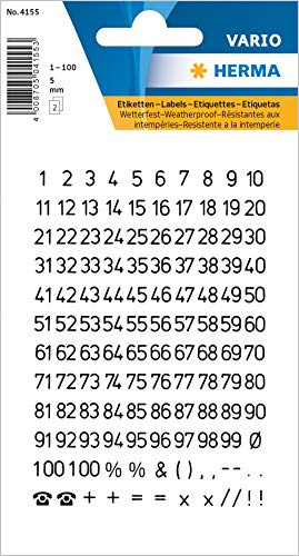 HERMA 4155 siffror klistermärken 0-9, väderbeständig (teckenstoralek 5 mm, 2 ark, folie) självhäftande, permanenta nummer klistermärken, 250 etiketter, transparent/svart
