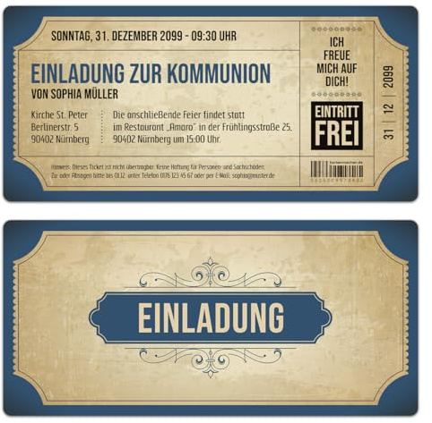 Kartenmachen.de Personalisierte Kommunion Einladungskarten (ab 10 Stück Set) - Vintage Eintrittskarten in Blau mit Abrissstreifen- Kommunionskarten Einladung