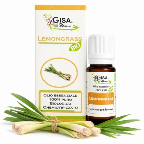 Olio Essenziale Lemongrass Bio 10ml Gisa 100% Puro Naturale, Aromaterapia | Oli Essenziali per Diffusori Ambiente, Candele Fai da te e Miscele Profumate Personalizzate, Made in Italy Gisa Wellness