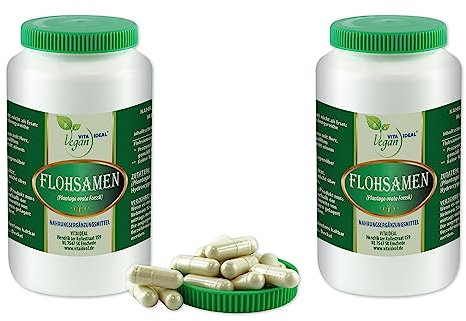 VITA IDEAL Vegan® FLOSAMEN - Schalen 2x 360 KAPSELN- Plantago indica - Tagesportion 1100mg FLOSAMENSCHALEN reines Pulver. Naatürlich, pflanzlich & ohne Zusatzstoffe.