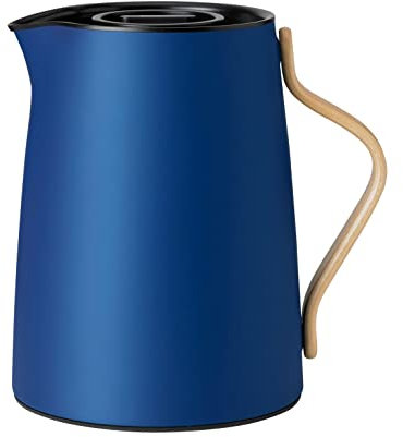Stelton Tee-Isolierkanne Emma - Isolierte Kunststoff-Teekanne mit Deckel & Edelstahl-Thermoeinsatz - Modernes Design, cleverer, integrierter Infusionsfilter & Buchenholzgriff - 1 Liter, Dunkelblau