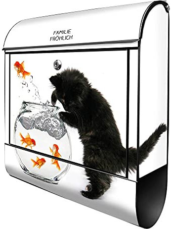 banjado Design Briefkasten personalisiert 38,5x46,5x13cm & 2 Schlüssel - Briefkasten Stahl Schwarz Zeitungsfach pulverbeschichtet - Postkasten A4 Einwurf inkl. Montagematerial - Motiv Katze Und Fisch