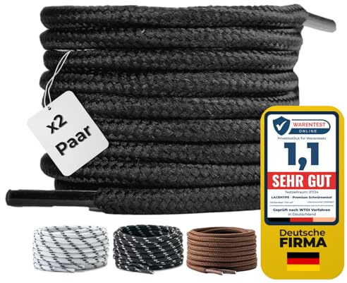 LaceHype 2 Paar - Premium Runde Schnürsenkel [ Ø4,5 mm ] Polyester für Arbeitsschuhe, Stiefel, Outdoorschuhe und Sportschuhe reißfeste Schuhbänder (Schwarz, 120cm)