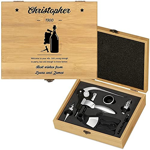 Maverton Wine Opener Tools in Bamboo Box, Engraved Set for Men, Bottle | Wine Opening kit, Gift for him, Must-Have for Wine Connoisseur in Wooden Box, for Gentleman