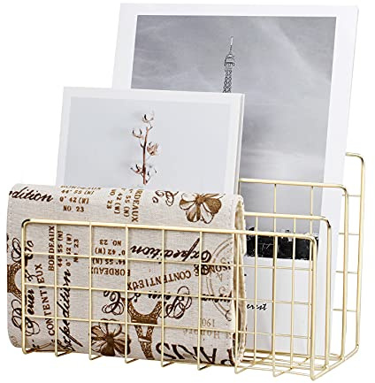 YiePhiot Desktop Mail Organizer File Organizer Metal Wire Mail Sorter Letter Organizer Magazine Rack for Letters, Mails, Books, Postcards, Brochures, Mail Holder (3 Slot, Gold)