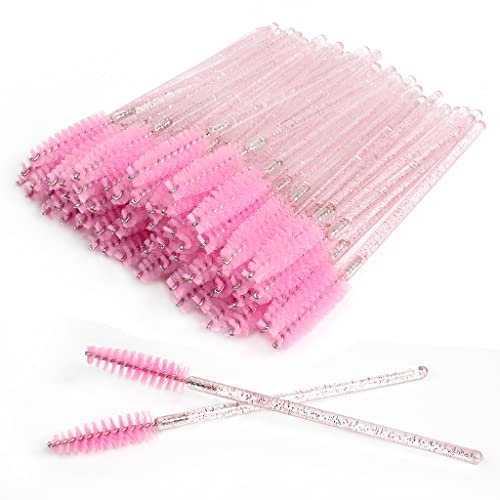 SWKJ 60 PCS Disposable Eyelash Brushes, Spoolies Eyebrow, Mascara Wands Applicator Lash Brushes Castor Oil Brush Cosmetic Makeup Tools(Crystal-pink)