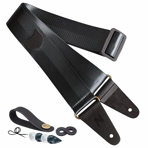 Gitarrengurt mit Plektrumtasche, Vintage Nylon Full Grain Leather Ends Gitarrengurte für Bass, Elektro- & Akustikgitarre, mit kostenlosem Gurtknopf, 1 Paar Gurtschlössern und 6 Gitarrenplektren