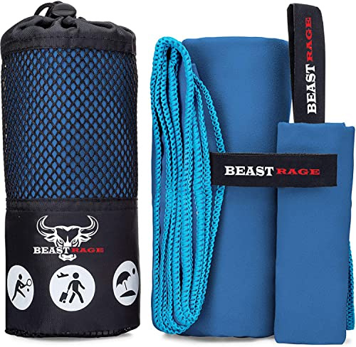 BEAST RAGE® Microfibre Towel Gym Beach Towel Fast Drying Super Absorbent Lightweight Gym accessories for Men Women Swimming Hair Towel Travel Camping Yoga Sports (100 x 50 cm, Blue)
